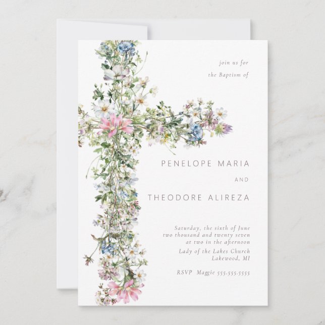 Meadow wildblomma kor Baptism Christening Blue Inbjudningar (Framsida)