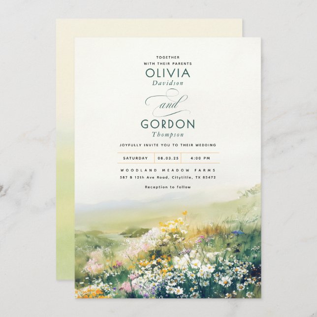 Meadow Wildblommor Watercolor Nature Bröllop Inbjudningar (Fram/baksida)