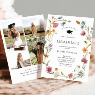 Meadow Wildflower Boho 4 Photo Graduation Party Inbjudningar