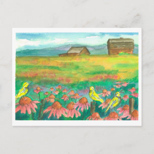 Meadowlark Birds Watercolor Flowers Painting Vykort