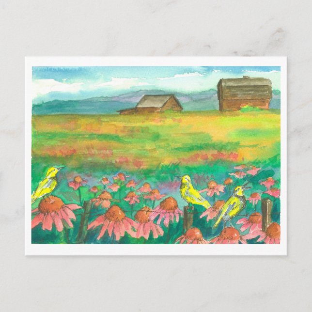 Meadowlark Birds Watercolor Flowers Painting Vykort (Framsida)
