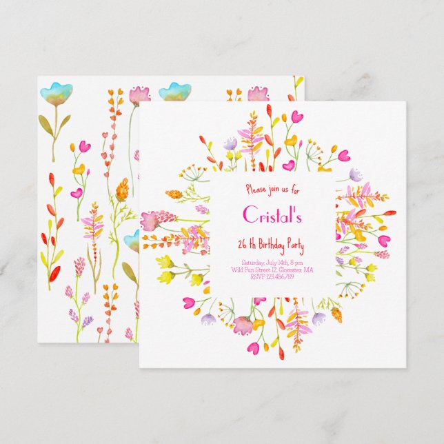 Meadows-blommor vuxnas Birthday-inbjudan (Fram/baksida)