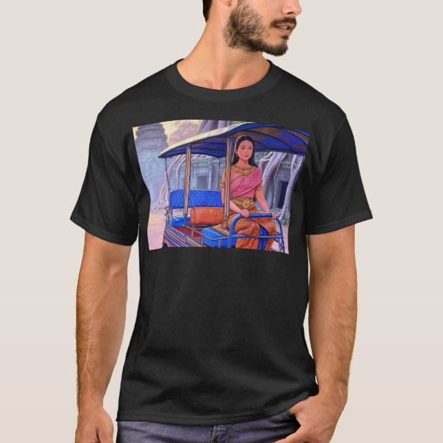 Mealea Rides a Self-Driving Tuk Tuk at Ta Prohm II T Shirt (Framsida)