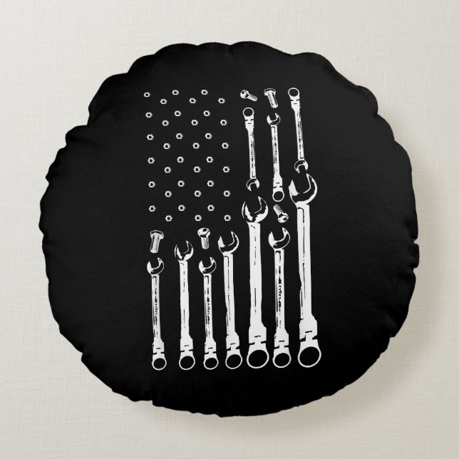 Mechanic Flagga American Patriotic Flagga Car Mech Rund Kudde (Framsidan)