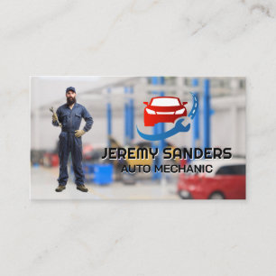 Mechanic Holding Wrench Reparera Logotyp automat Visitkort