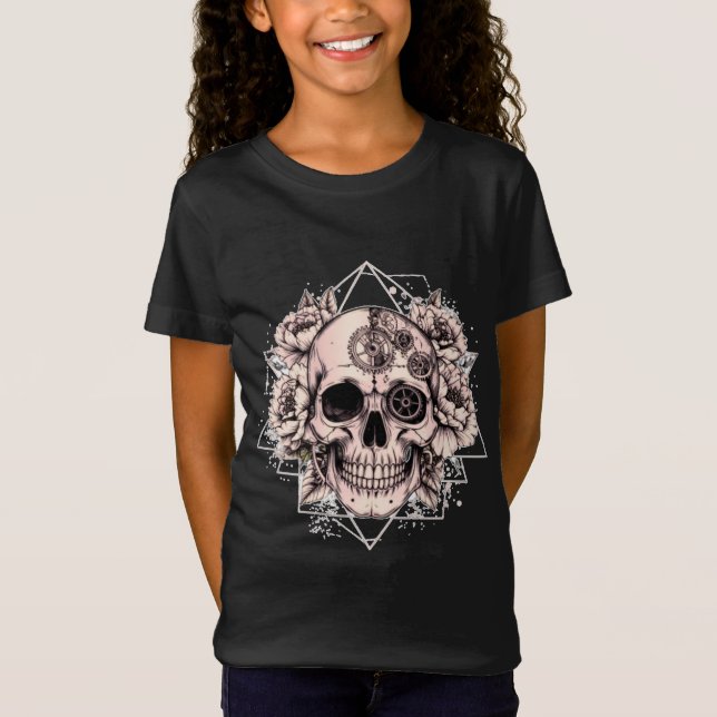 "Mechanical Bloom" – Gothic Skull with Floral Gear T Shirt (Framsida)