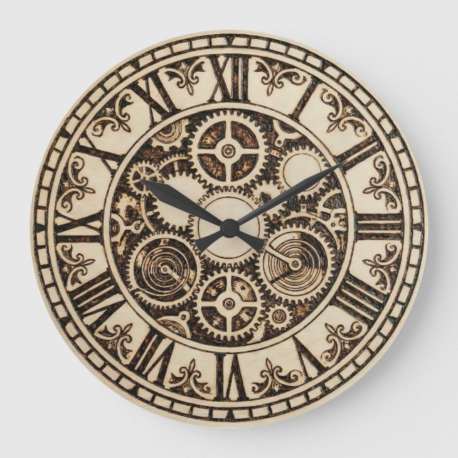  Mechanical Gears Wooden Wall Clock Stor Klocka (Framsida)
