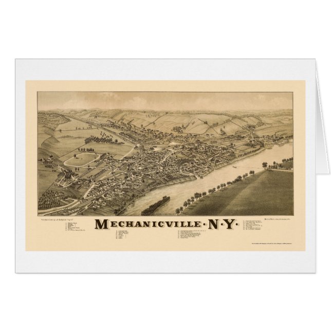 Mechanicville panorama- karta för NY - 1885 Hälsningskort (Framsidan Horizontal)