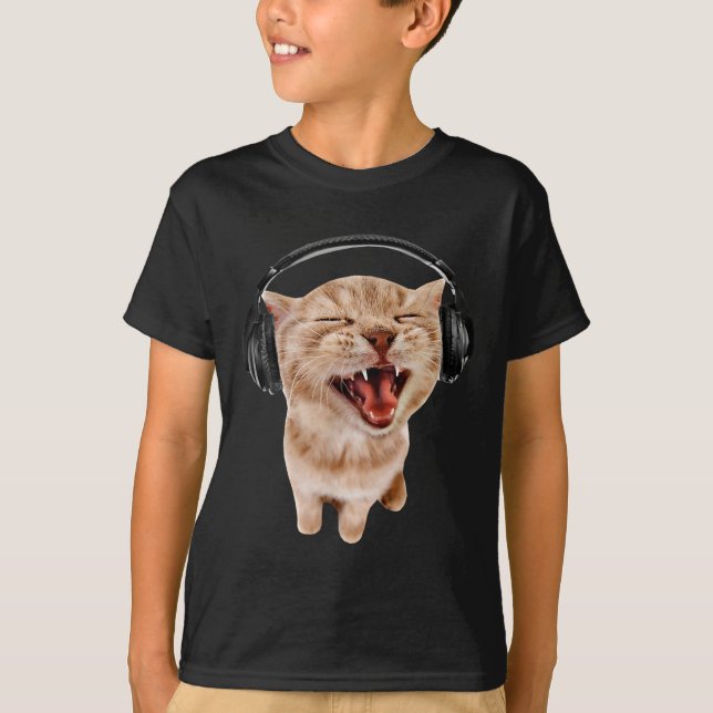 Med barn katt hörlurar meme t shirt (Framsida)