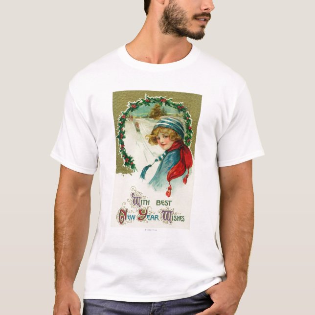 Med bäst önskemål för nytt år som Sledding plats Tee Shirt (Framsida)