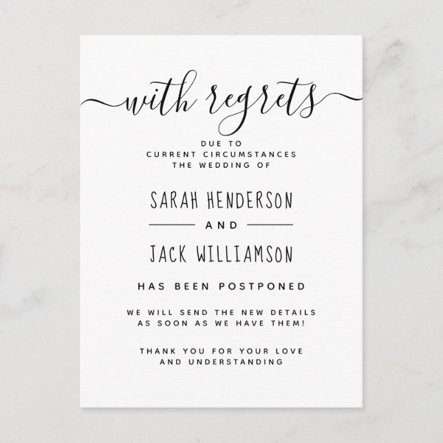 Med Beklagande Elegant Bröllop Förändring Meddelan Inbjudan Vykort (Framsida)