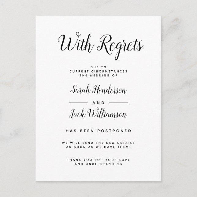 Med Beklagar Svart&Vit Försenat Bröllopsbesked Inbjudan Vykort (Framsida)