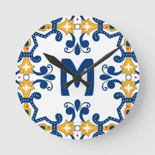 Med 💛 💙 blå och gult Azulejos Rund Klocka