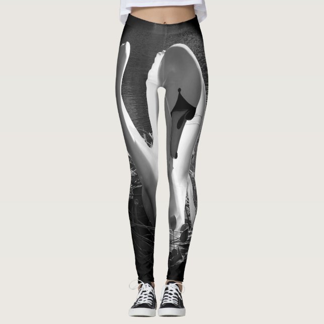 Med den svartvita stylized svanen avbilda leggings (Framsida)