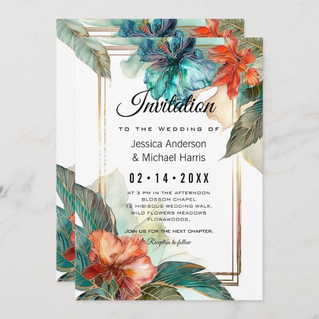 Med dikt i Hibiscus serumgranat Paradise Inbjudningar (Fram/baksida)