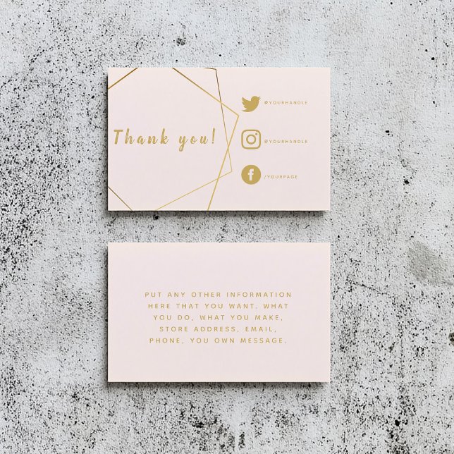 Med effekten rosa och guld infogar Social-länkar e Tilläggskort (Pink and gold customer order thank you insert card. Geometric frame and social media details)