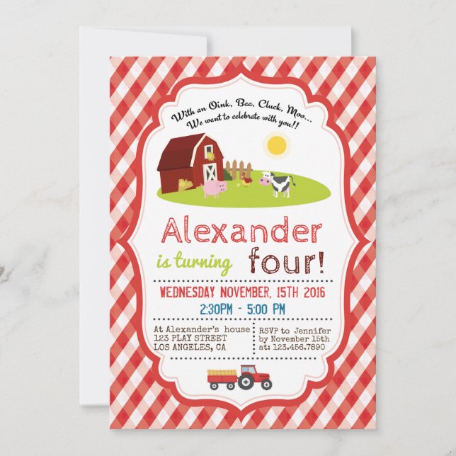 MED EN OINK, BAA, CLUCK, MOO FARM-FÖDELSEDAGSFEST INBJUDNINGAR (Framsida)