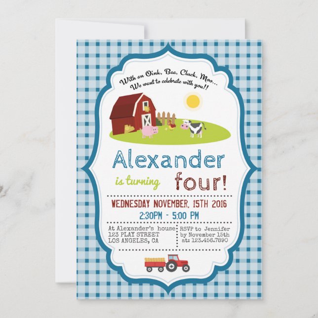 MED EN OINK, BAA, CLUCK, MOO FARM-FÖDELSEDAGSFEST INBJUDNINGAR (Framsida)