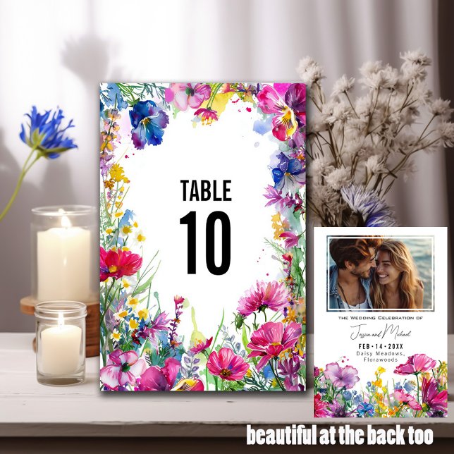 Med foto-2-sidade skuggblommor bordsnummer (With Photo double sided Meadow Blooms Table Number)