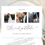 Med foto från Kärlek och Gratitude Elegant bröllop Tack Kort<br><div class="desc">Tack till gästerna med den här eleganten, tre fotokollage bröllop tack för ditt kort! Ren och ren, vit och svart fullt av elegans och elegans. Texten "med Kärlek och Gratitude" i modern handskriven kalligrafi. Enkel mall där du kan lägga till bilder, gör Zazzle allt arbete och lägger till dem i...</div>