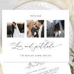 Med foto från Kärlek och Gratitude Monogram Bröllo Tack Kort<br><div class="desc">Tack till gästerna med den här eleganten, tre fotokollage bröllop monogrammat tack vare ditt kort! Ren och ren, vit och svart fullt av elegans och elegans. Texten "med Kärlek och Gratitude" i modern handskriven kalligrafi. Tillbaka med elegant hand plockade monogram med par initialer och område för ert budskap. Enkel mall...</div>