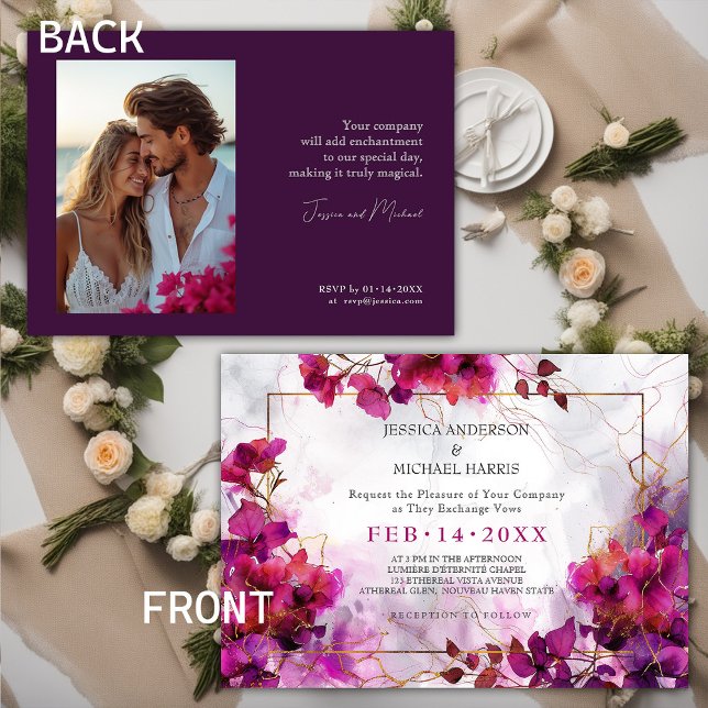 Med foto Fuchsia Enchantment: Watercolor Bröllop Inbjudningar (With photo Fuchsia Enchantment: Watercolor Wedding Invitation)