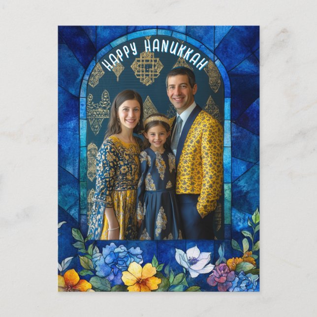 Med foto 🕎 Lycklig Hanukkah, nedfläckad glas Vykort (Framsida)