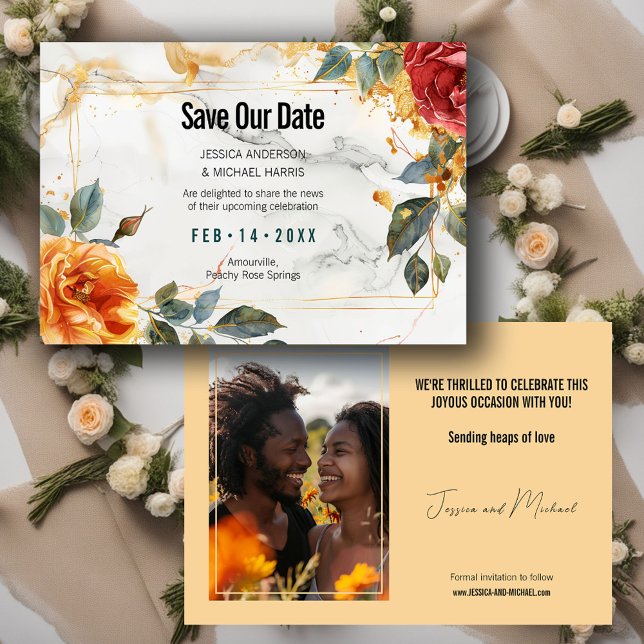 med fotomarble Dreams: Orange Ro Elegance Spara Datumet (With photo Marble Dreams: Orange Rose Elegance Save The Date)