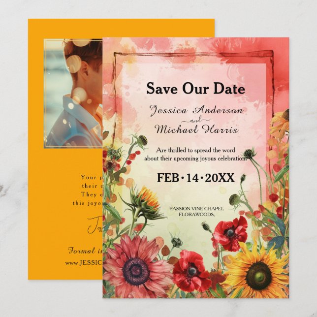 🌻 med fotosoliga Petals & Scarlet Blooms Spara Datumet (Fram/baksida)