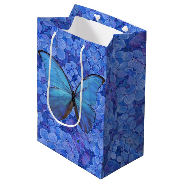Med Gift Bag Blue Morpho på Hydrangea (Framsidan Vinklad)