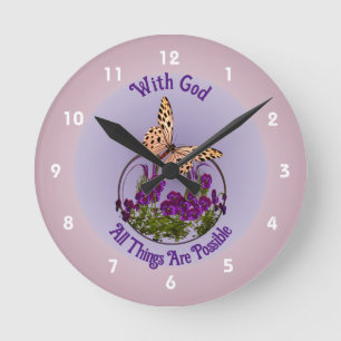 Med Gud Butterfly Flower Art Inspirational Rund Klocka