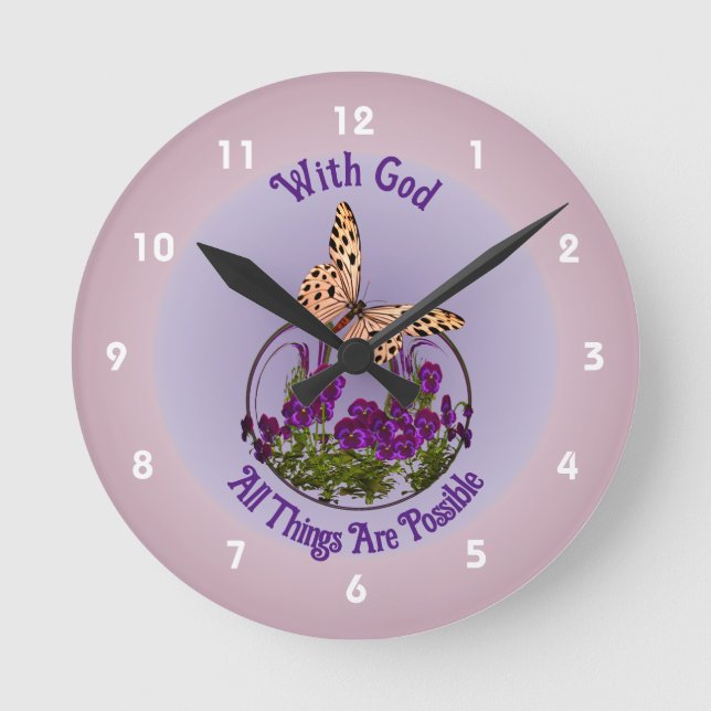 Med Gud Butterfly Flower Art Inspirational Rund Klocka (Framsida)