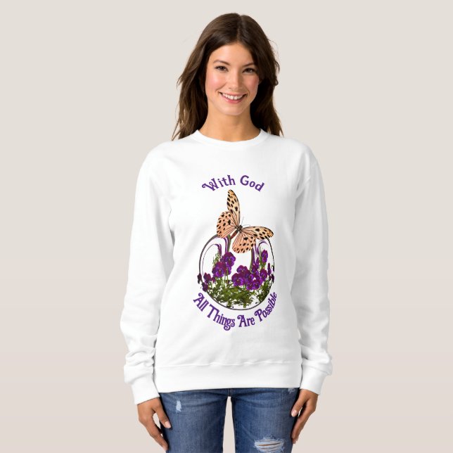 Med Gud Butterfly Flower Art Inspirational T Shirt (Hel framsida)
