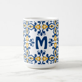 Med initial 💛 💙blå och gul Azulejos Kaffemugg