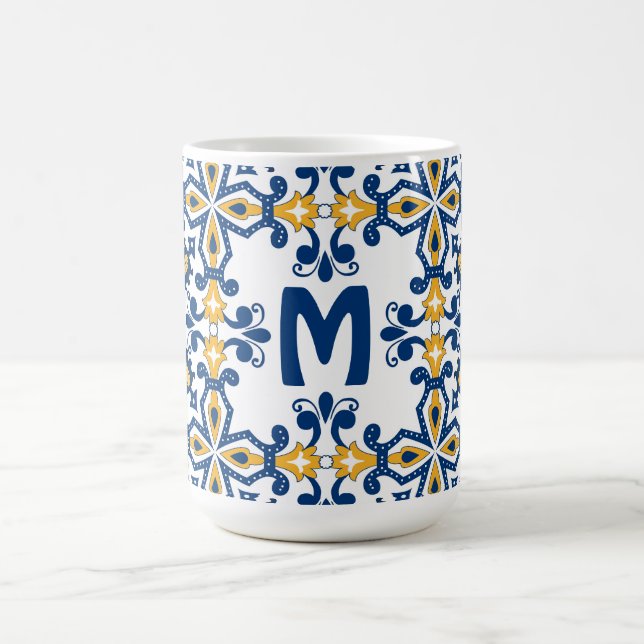 Med initial 💛 💙blå och gul Azulejos Kaffemugg (Center)