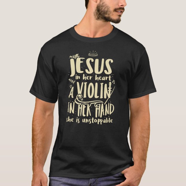 Med Jesus i hjärtat en violin Christian Musical T Shirt (Framsida)
