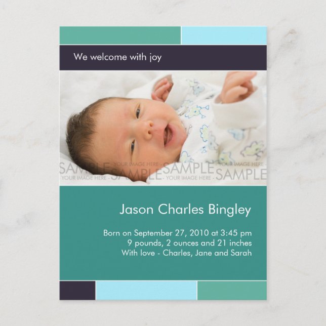 Med Joy Teal/Aqua ・ Meddelande från Baby Vykort (Framsida)
