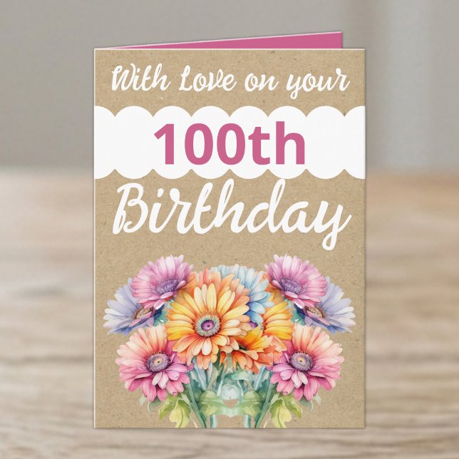 Med kärlek 100-årsdag gerbera blommor rosa kort (Skapare uppladdad)