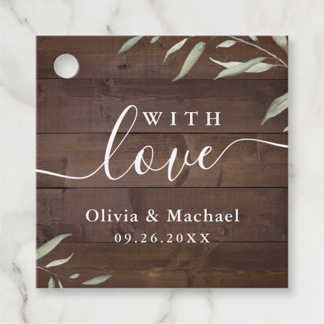 Med kärlek elegant grönt trä, rustik bröllop gåvor etiketter (Framsida)