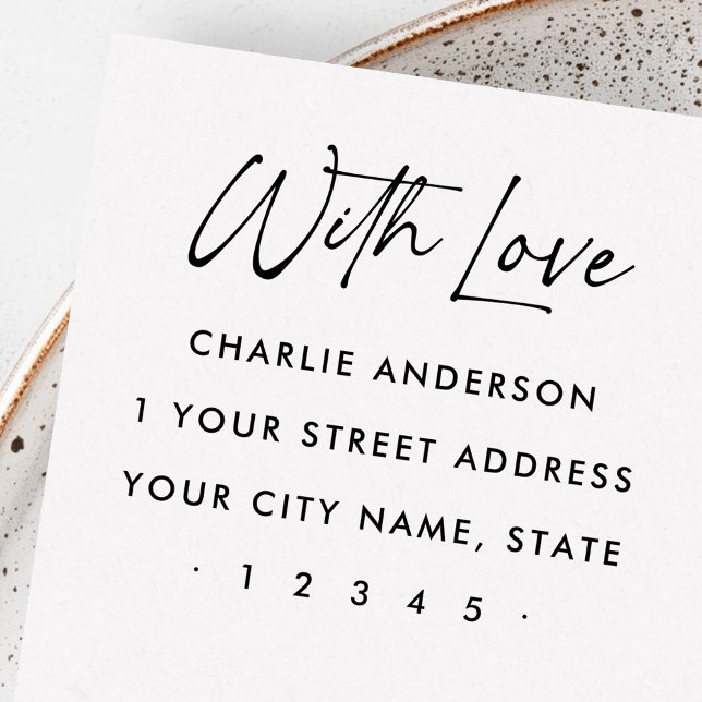 Med kärlek elegant-skriptreturadress stämpel (With love elegant script return address rubber stamp)