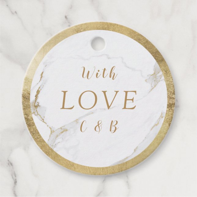 Med kärlek falsk guld marmor modern bröllop gåvor etiketter (Framsida)