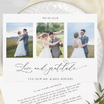 Med Kärlek och Gratitude Elegant Photo Bröllop Tack Kort<br><div class="desc">Tack till gästerna med den här eleganten, tre fotokollage bröllop tack för ditt kort! Ren och ren, vit och svart fullt av elegans och elegans. Texten "med Kärlek och Gratitude" i modern handskriven kalligrafi. Enkel mall där du kan lägga till bilder, gör Zazzle allt arbete och lägger till dem i...</div>