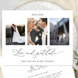 Med Kärlek och Gratitude Photo Monogram Bröllop Tack Kort<br><div class="desc">Tack till gästerna med den här eleganten, tre fotokollage bröllop monogrammat tack vare ditt kort! Ren och ren, vit och svart fullt av elegans och elegans. Texten "med Kärlek och Gratitude" i modern handskriven kalligrafi. Tillbaka med elegant hand plockade monogram med par initialer och område för ert budskap. Enkel mall...</div>