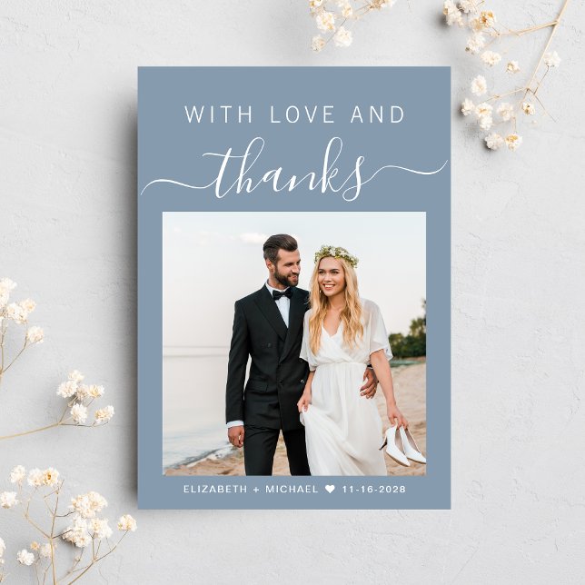 Med Kärlek och tack, Photo Dusty Blue Bröllop Tack Kort (Celebrate your love story with a thank you card showcasing your favorite wedding day photo)