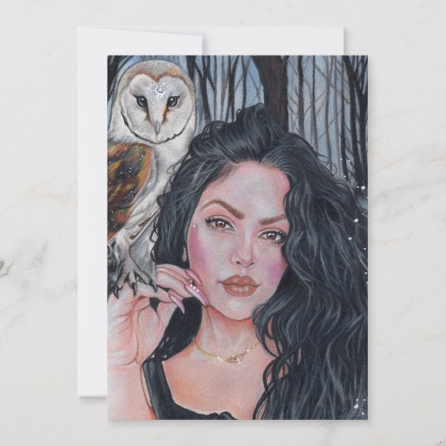 Med magisk flicka, uggla - stort tack, ditt kort (Framsida)