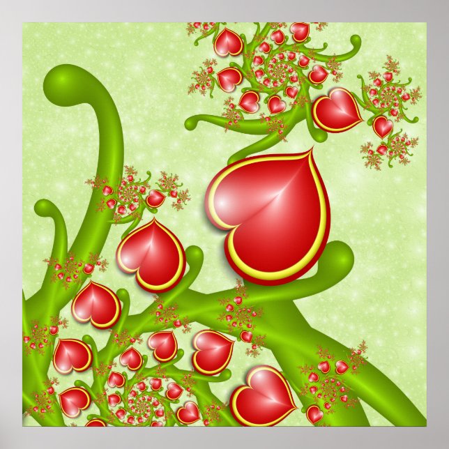 Med mycket Kärlek Red Gult Hearares Fractal Art Poster (Framsidan)