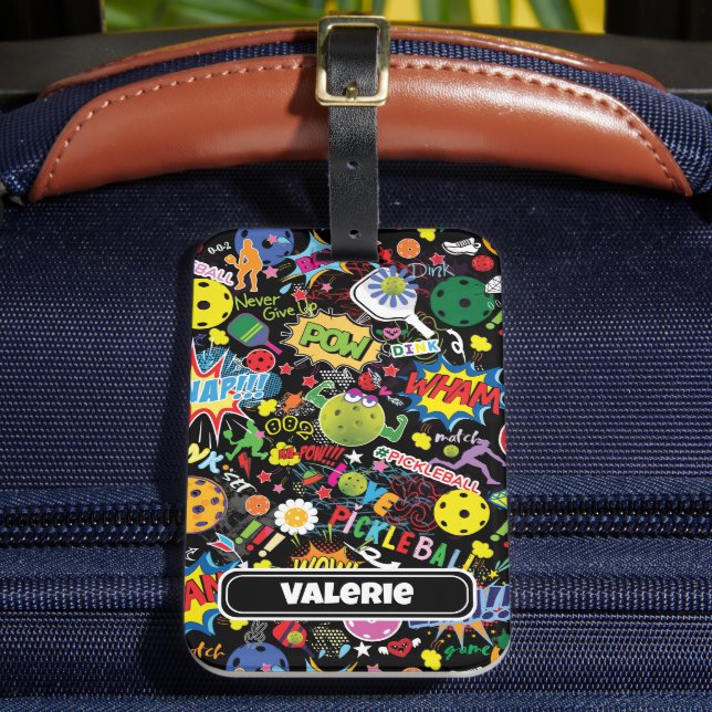 😍 med namn blandad pickleball svart bagagebricka (Framsida Insitu 2)
