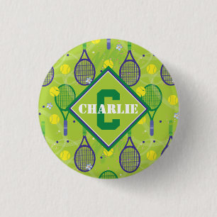 Med namn & initial, grönt och lila tennisracket knapp