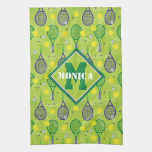 Med namn & initial, grönt och lila tennisracket kökshandduk