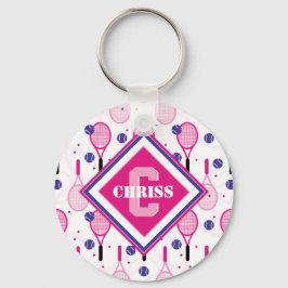 Med namn & initial, rosa och lila tennisrackets nyckelring